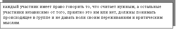 Подпись: каждый участник имеет право говорить то, что считает нужным, а остальные участники независимо от того, приятно это им или нет, должны понимать происходящее в группе и не давать воли своим переживаниям и критическим мыслям.

